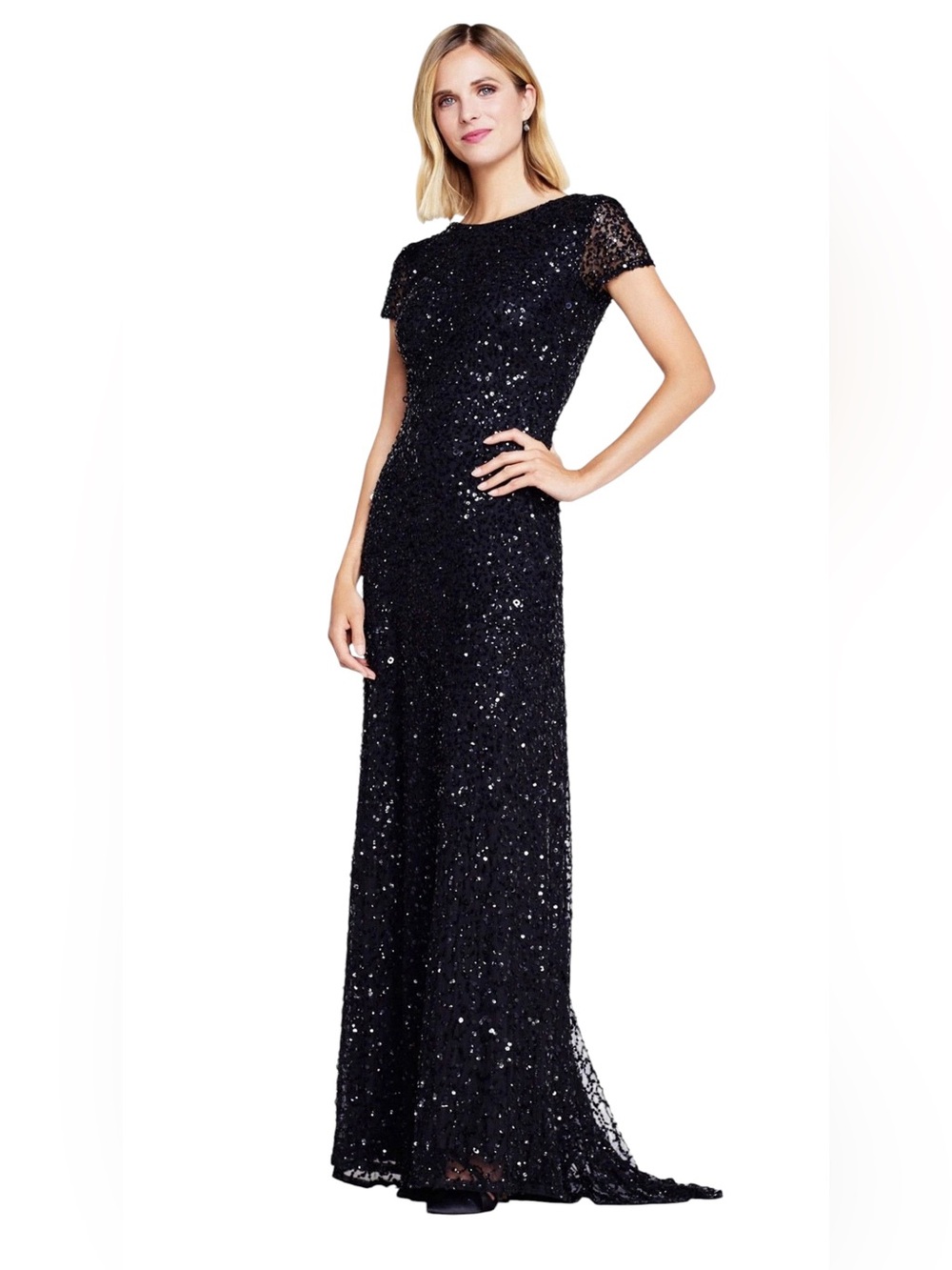 Adrianna Papell $578 Y2K Black Sequin Beaded  Evening Gown Dress Size 6